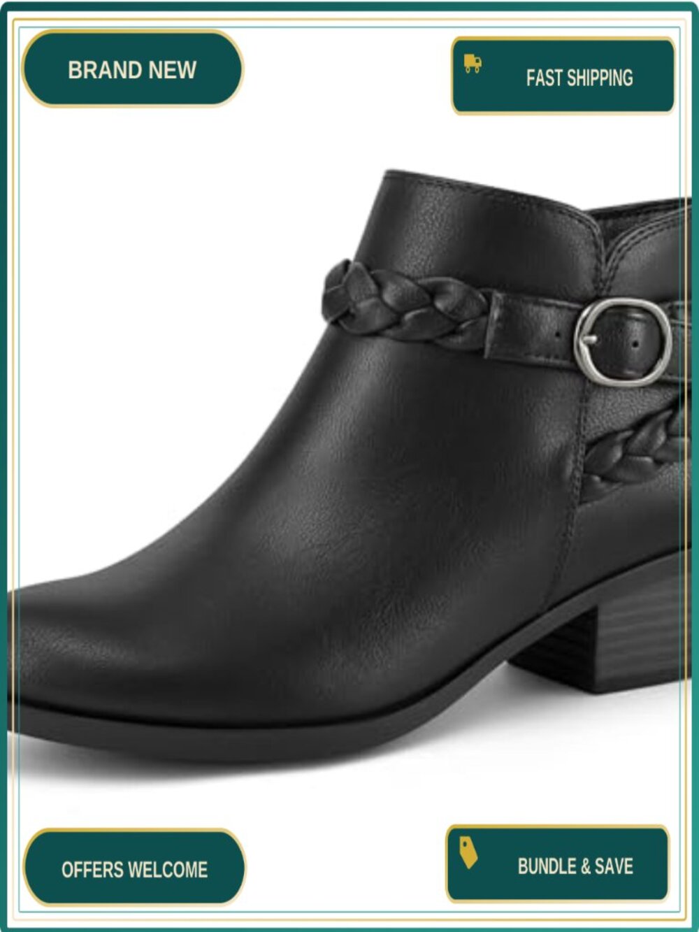 Womens Ankle Boots Low Chunky Heel Round Toe Wide Width Side Zipper PU